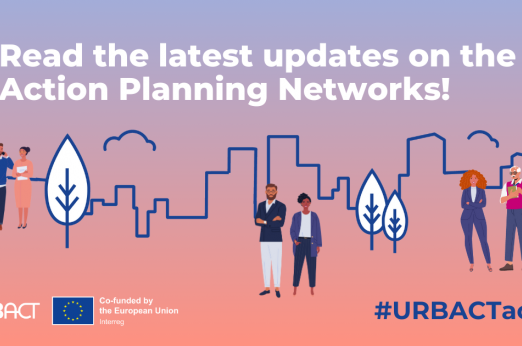 Illustration of several people in a city with the slogan "Read the latest updates on the Action Planning Networks" in the sky and the hashtag #URBACTacts.