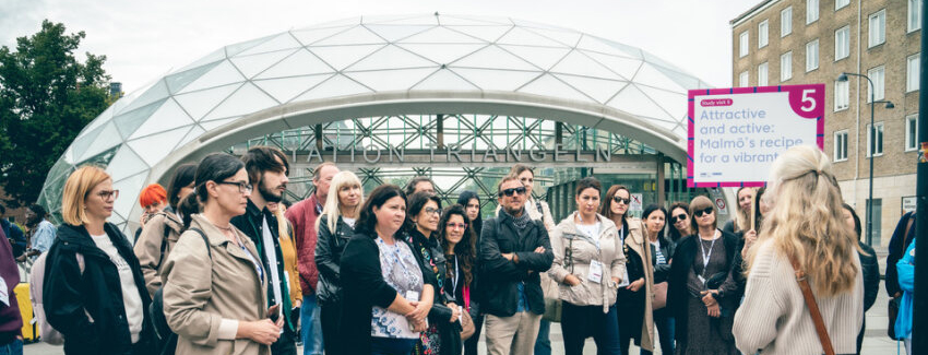 Participants at the train station ready for the "Attractive and active: Malmö's recipe for a vibrant city" site visit.