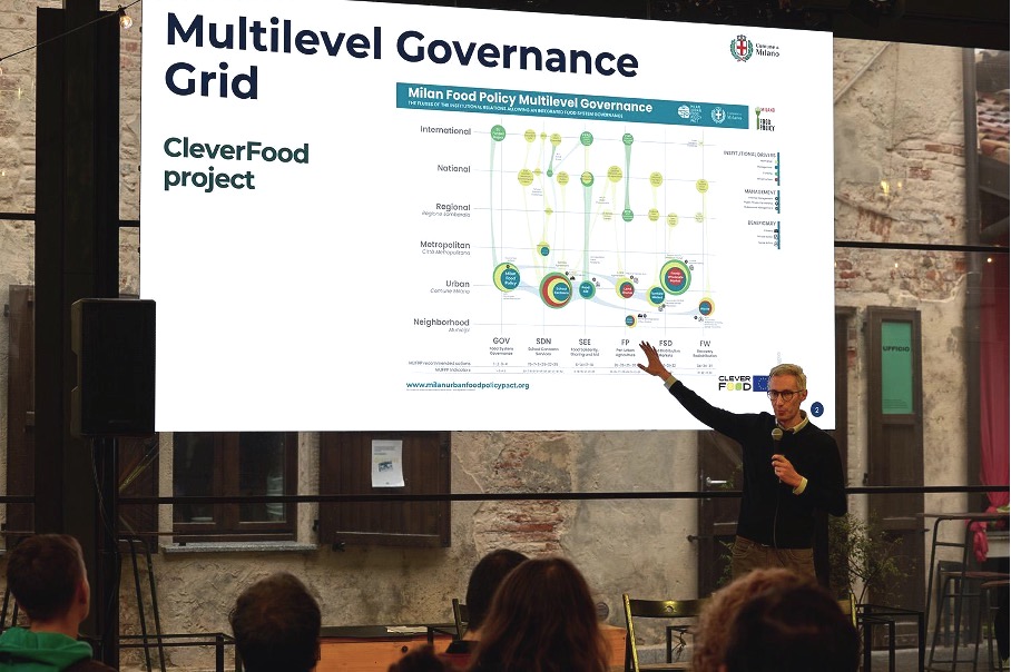 Andrea Magarini, Milan Food Policy Area, presenting a map of Milan Food Policy Multilevel Governance showing interaction of different dimensions of the food policy (governance, schools canteens, social solidarity, local production, distribution markets, etc.) at the various governance levels (neighbourhood, urban, metropolitan, regional, etc.) (photo credit: URBACT)  