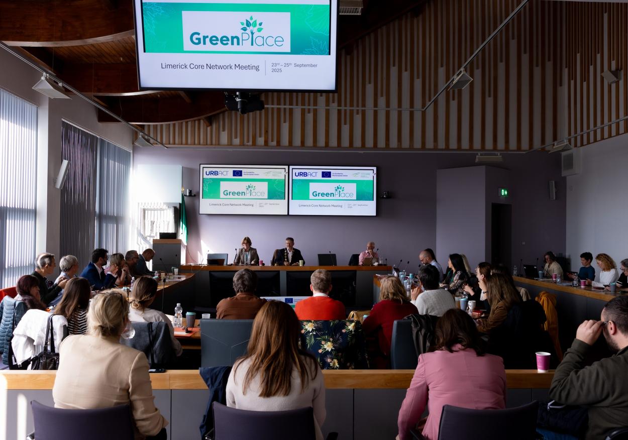 Participants seated in a council chamber with presentations displayed on screens