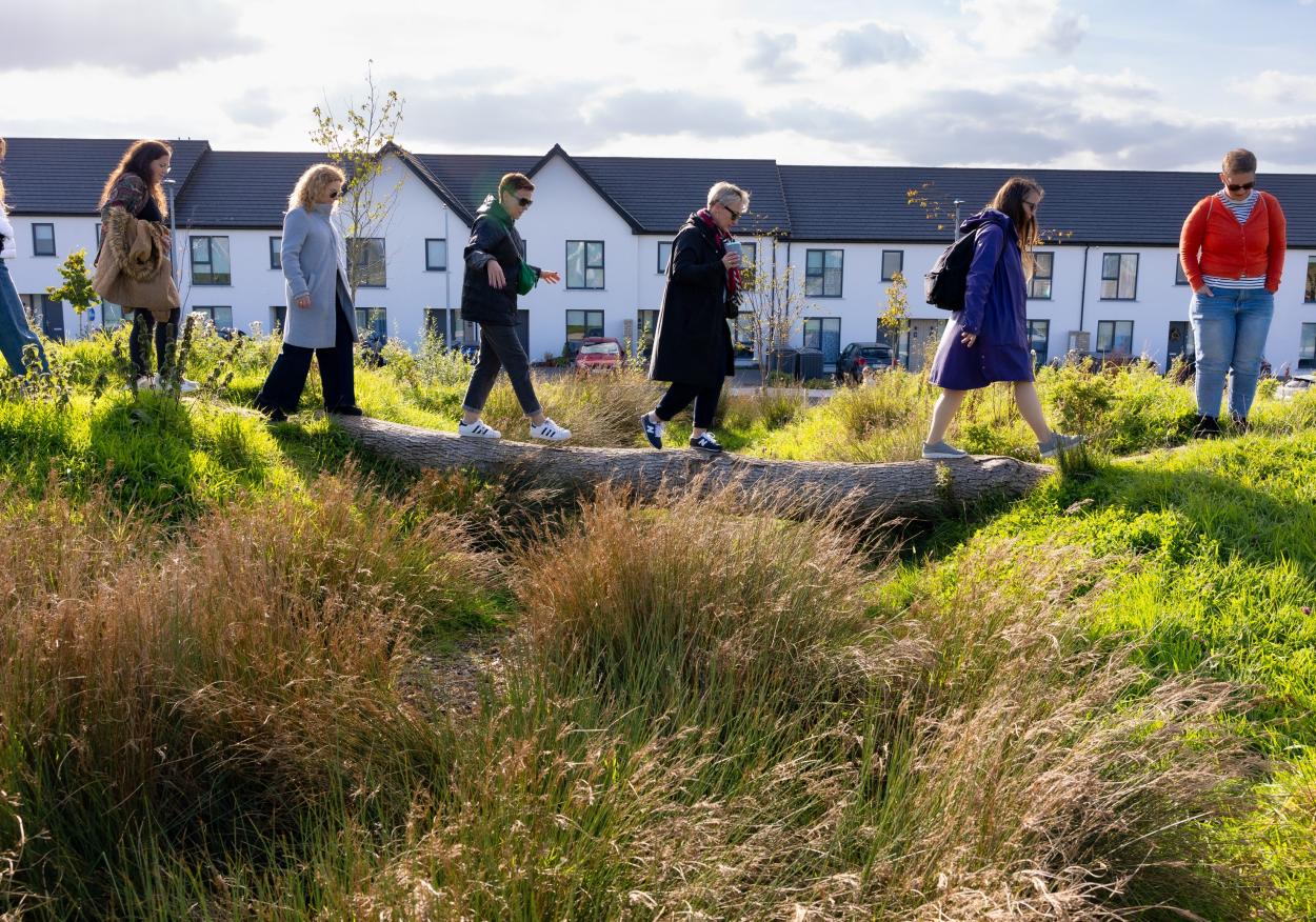 People walking across a tree trunk in a green area.