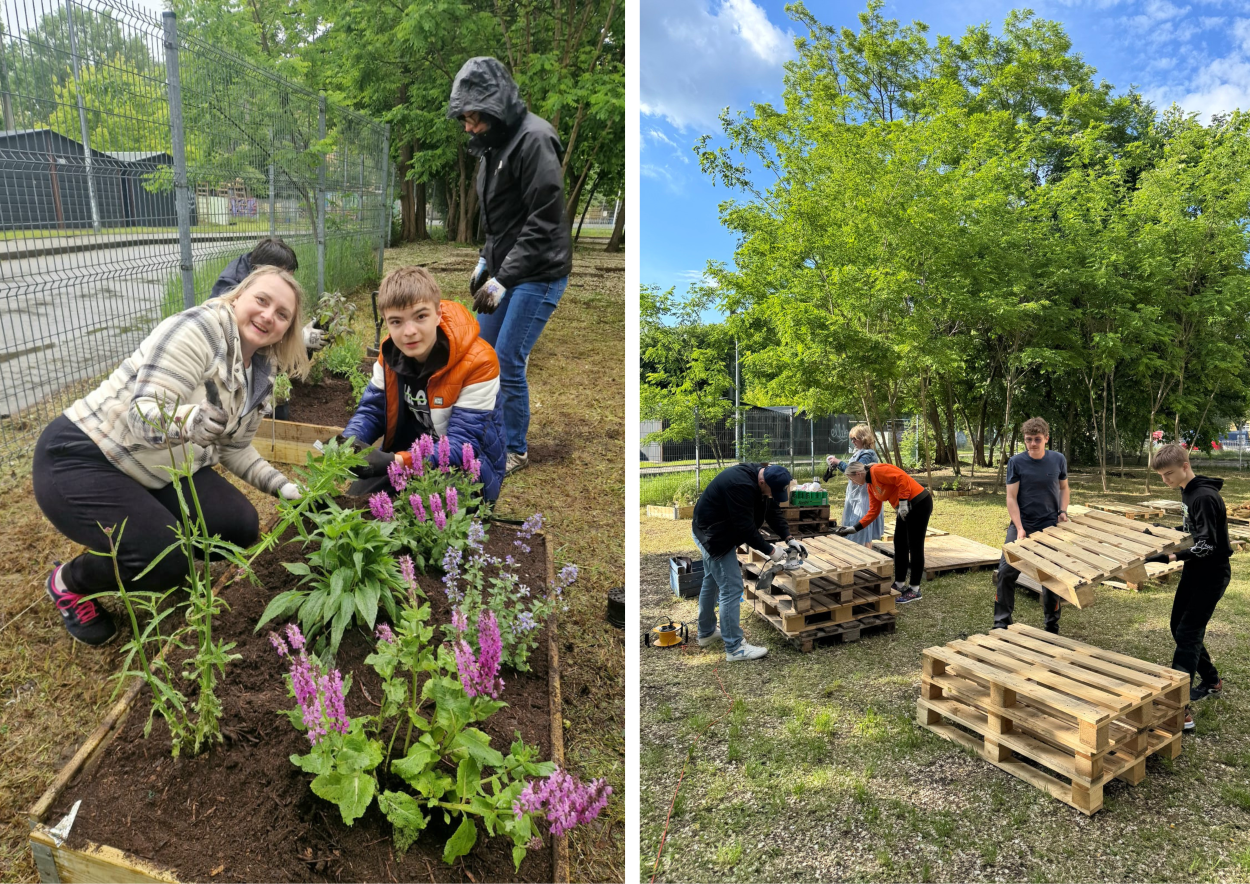 On the left, people planting flowers in the community garden,. One the right, people building furniture form wooden pallets. 
