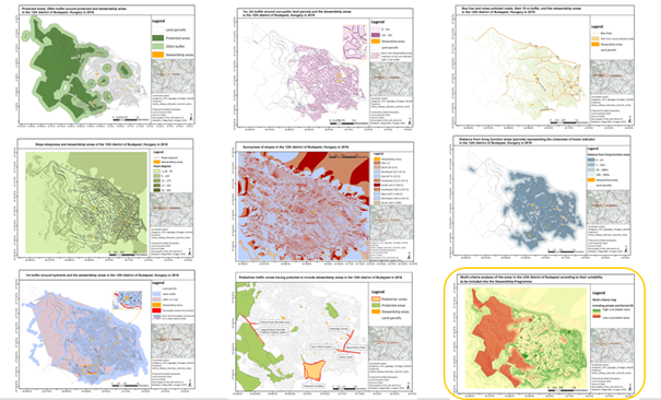 maps from my research project including a multi-criteria analysis selecting public green spaces of a city district for a community involvement program