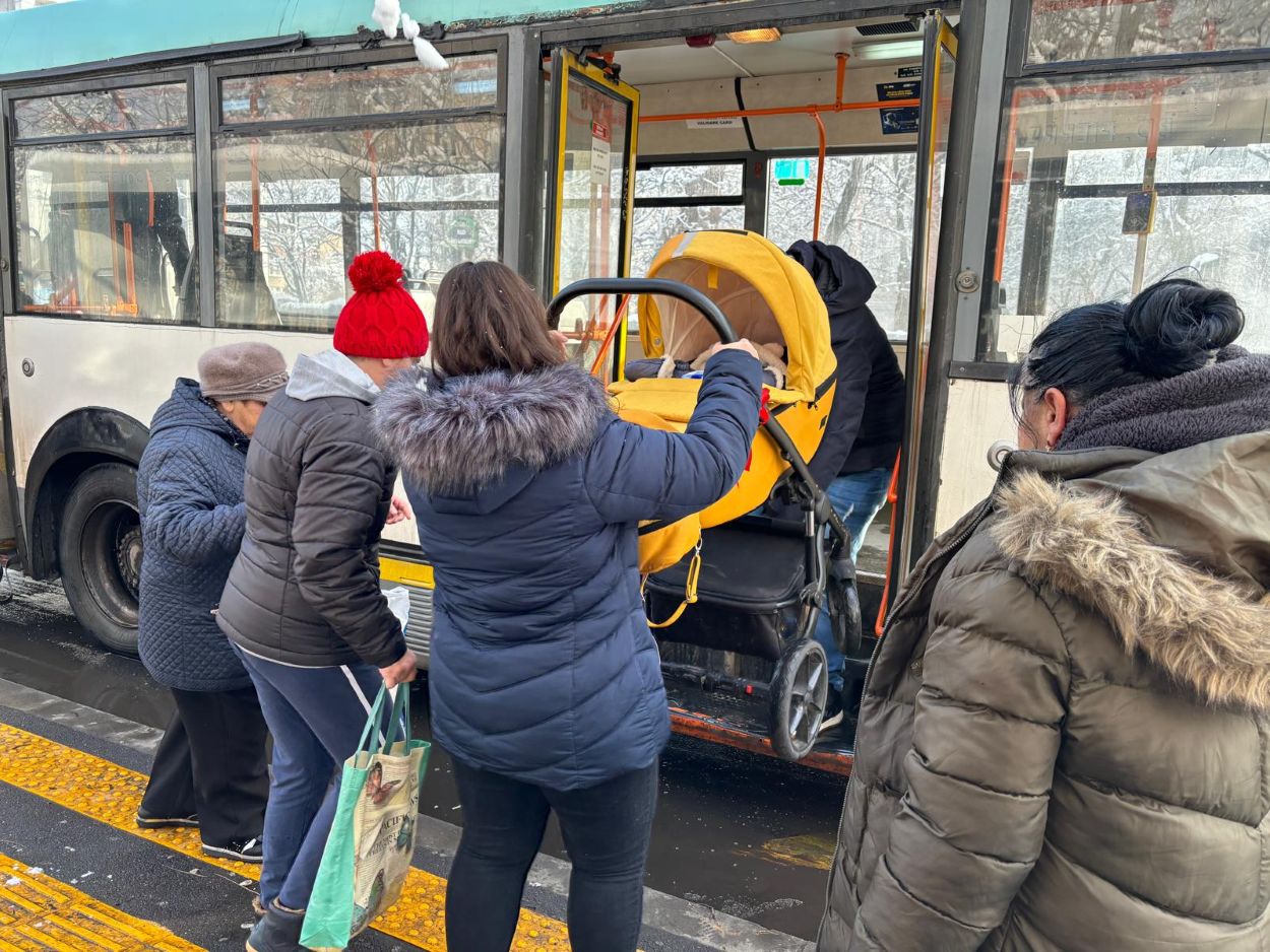 Taking the bus in Bucharest.