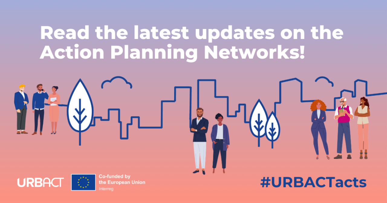 Illustration of several people in a city with the slogan "Read the latest updates on the Action Planning Networks" in the sky and the hashtag #URBACTacts.