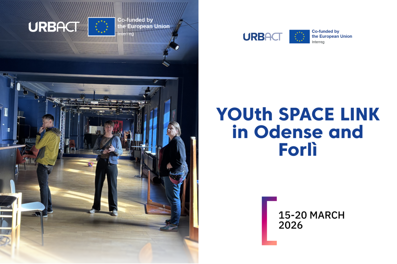 A split-screen promotional image. The left side is a photograph of three people standing in a large, mostly empty room with dark blue walls, hardwood floors, and mirrors along one wall. At the top left are the URBACT logo and the European Union flag with the text "Co-funded by the European Union Interreg." The right side features a white background with the same URBACT and EU logos at the top. In the center, large blue text reads "YOUth SPACE LINK in Odense and Forlì."