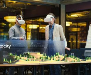 People with virtual reality  glasses looking at the hologram of the city 