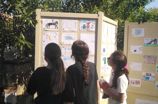 Children looking at a panel during a small scale action