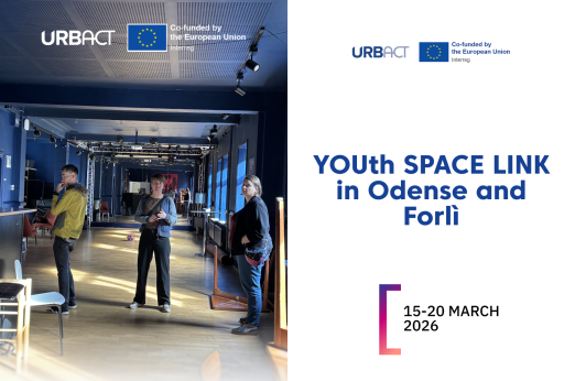 A split-screen promotional image. The left side is a photograph of three people standing in a large, mostly empty room with dark blue walls, hardwood floors, and mirrors along one wall. At the top left are the URBACT logo and the European Union flag with the text "Co-funded by the European Union Interreg." The right side features a white background with the same URBACT and EU logos at the top. In the center, large blue text reads "YOUth SPACE LINK in Odense and Forlì."