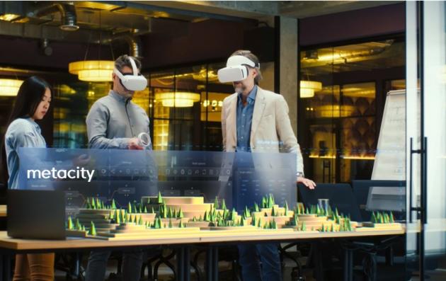 People with virtual reality glasses looking at the hologram of the city