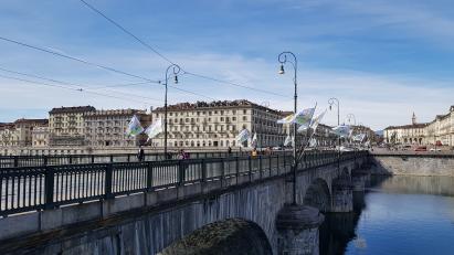 Bridge Turin with flags Cities Forum.