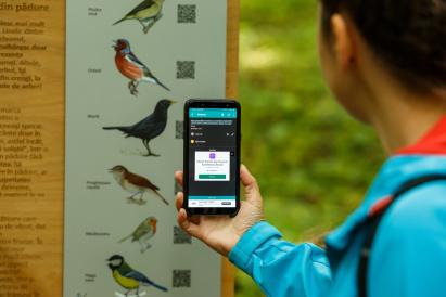 A person in an outdoor setting using a smartphone to scan a QR code on a wildlife informational signboard