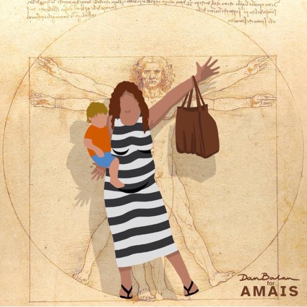 © illustration Dan Balan for AMAIS, 2024. Alt-text: An illustrated woman wearing a black-and-white striped dress is shown standing confidently in front of Leonardo da Vinci’s Vitruvian Man. She carries a child on one hip and a large brown bag on the opposite arm, striking a balanced pose that mirrors the Vitruvian Man's iconic stance. The image highlights the realities of caregiving and everyday strength, challenging traditional ideals of the 'universal' human figure. Artwork by Dan Bălan for AMAIS.